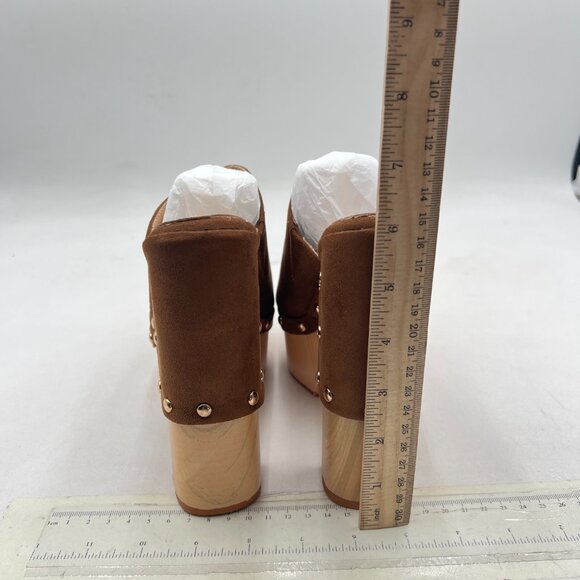 FSJ Brown Suede Round Toe Mules High Chunky Heeled Sandals Slip On Platform Shoe - Picture 5 of 8